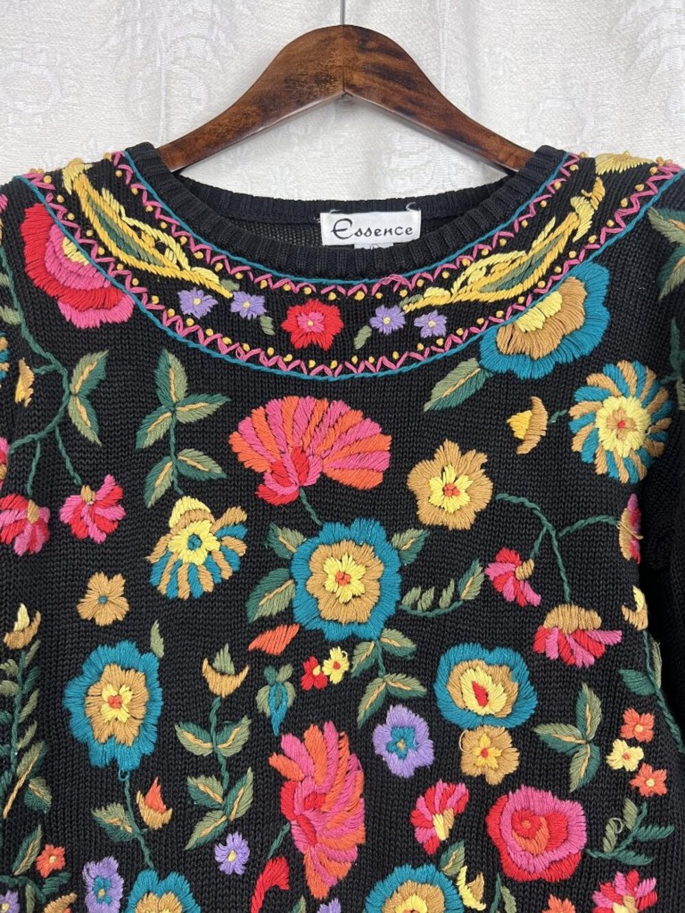 Embroidered floral boho cotton blend sweater open knit jumper colorful vintage L